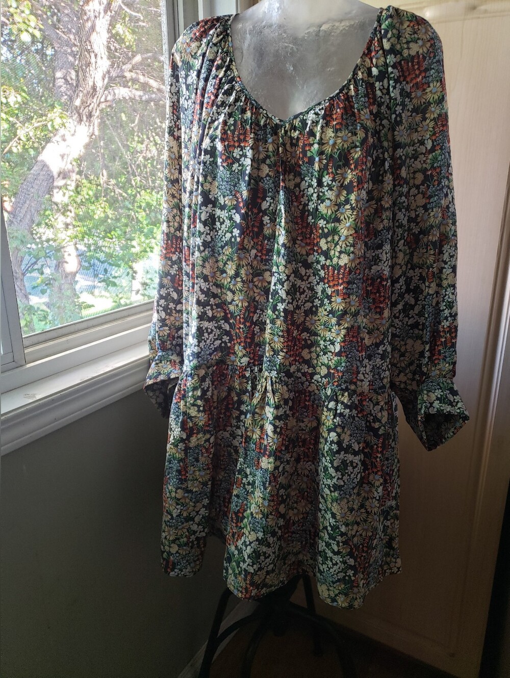 H&M Black Floral Midi Dress with Green and Cream Accents